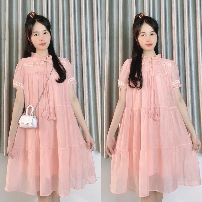 Váy babydoll tay bồng dáng xoè phối ren nơ cổ vintage - Nana Dress
