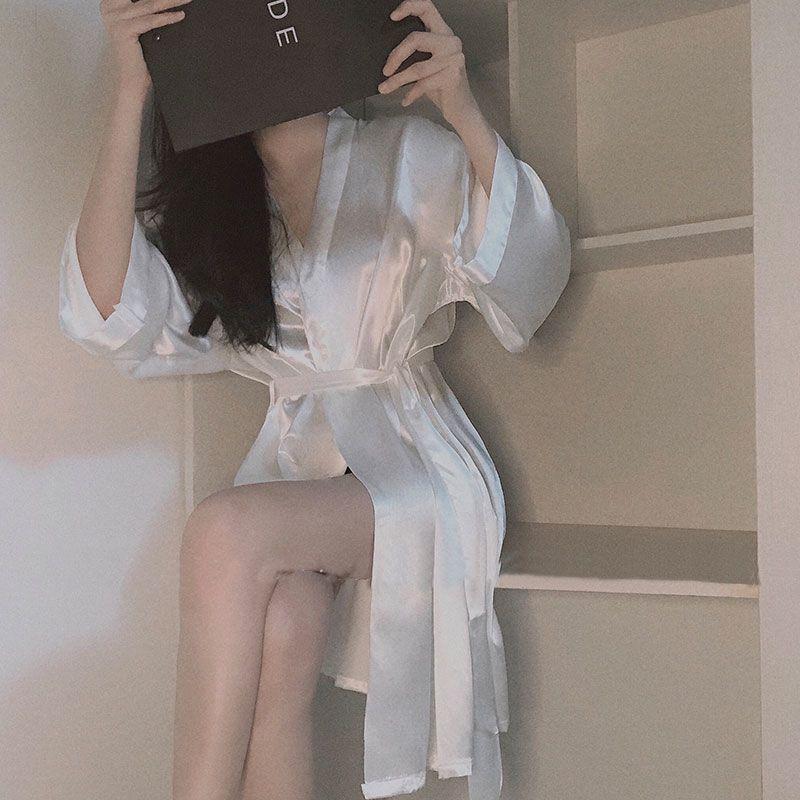Product Introduction of Bathrobe Women's Summer Thin Ice Silk Robe New Style White Silk Fashion Pajamas Japanese Kimono Spring and Autumn Womenswear Gowns 3