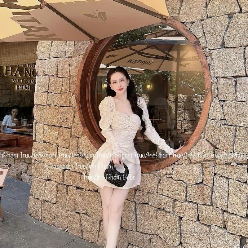 Đầm váy ren cổ vuông tay dài bồng mix chân váy ngắn tafta kèm tag đá sang chảnh, N164 VÁY NỮ TAY DÀI DÁNG NGẮN Thời Trang Keelin
