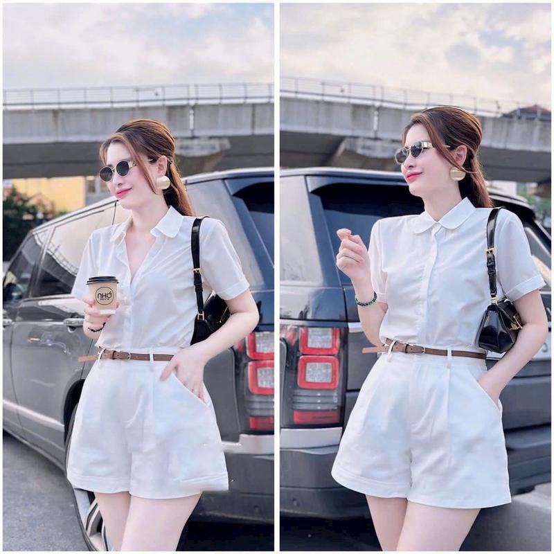 set áo sơ mi trắng cotton lạnh tat ngắn cài nút phối quần shot kaki tặng kèm dây nịt y hình