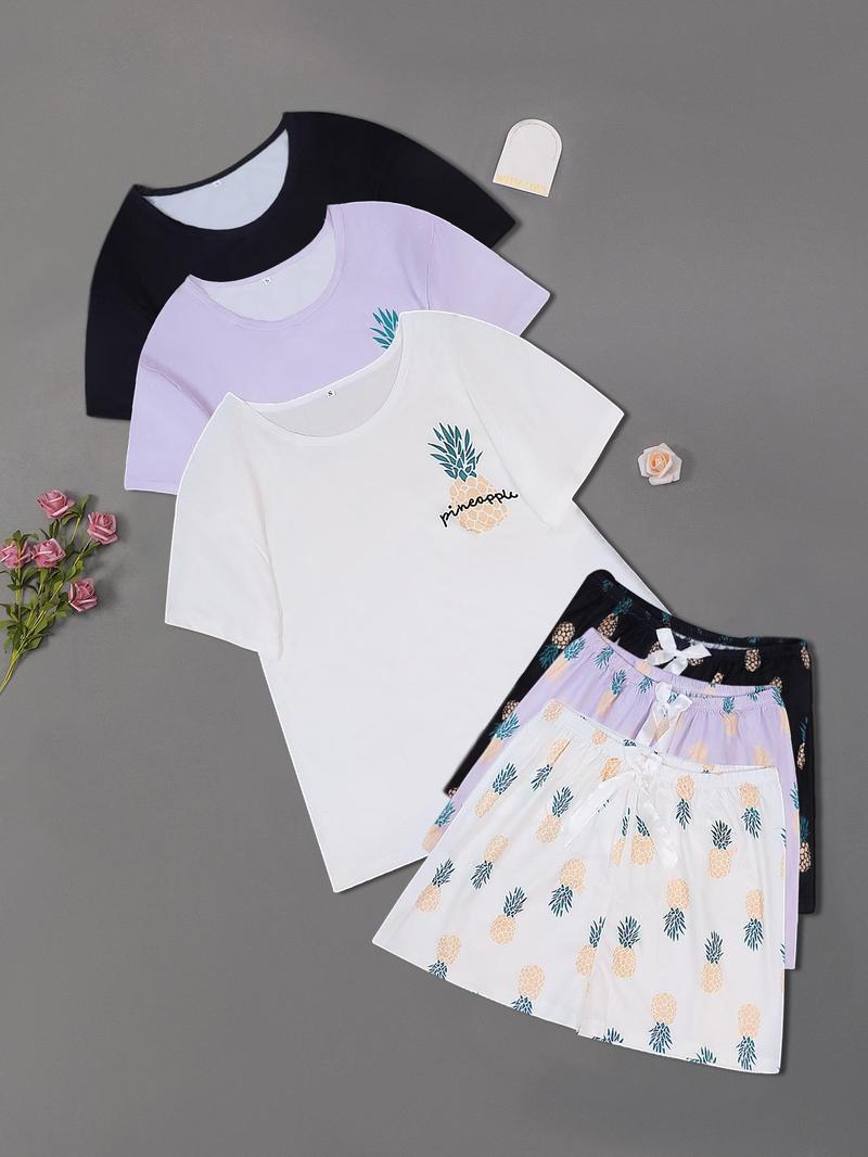 Product Introduction of 6 Counts Women's Butterfly Heart Print Tee & Shorts Pyjama Set, Casual Comfy Round Neck T-shirt & Shorts Pj Set, Matching Pajamas, Sleepwear & Loungewear Set for Women 18