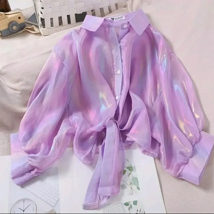 Aesthetich colourful simmer kemeja crop top // model baju ala korea Silk 8