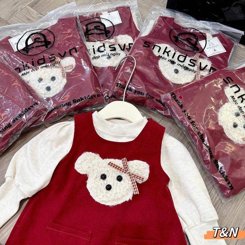 [ 10 - 20kg ] set váy Nhung 2 chi tiết kèm áo lông thỏ gấu đính nơ Hồng 3
