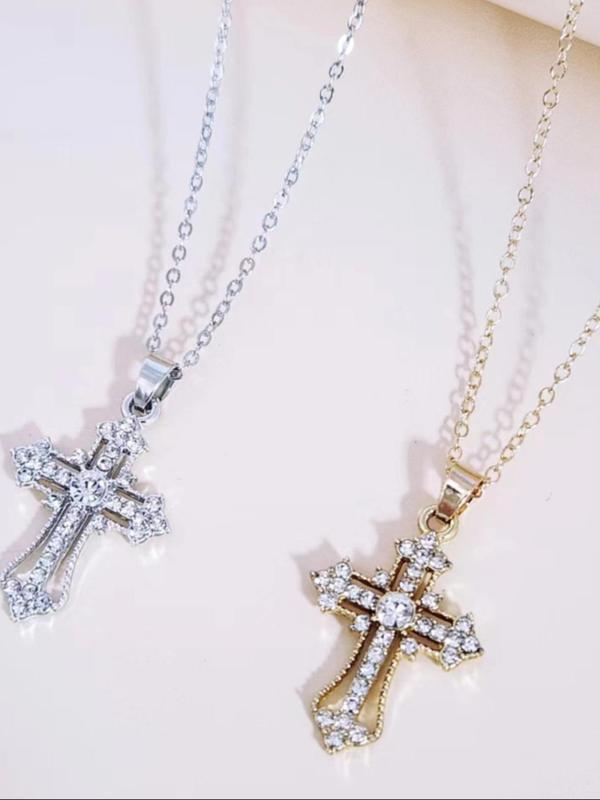 Rhinestone Cross Pendant Necklace (2pcs), Retro Personality Accessories for Both Men & Women, Vintage Jewelry for Party, Daily Clothing Decor for Birthday Gift 2