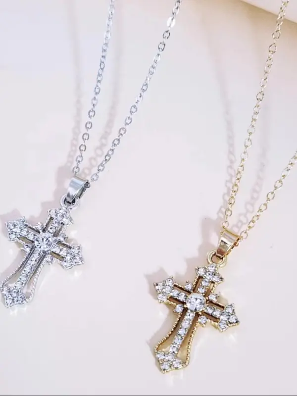 Rhinestone Cross Pendant Necklace (2pcs), Retro Personality Accessories for Both Men & Women, Vintage Jewelry for Party, Daily Clothing Decor for Birthday Gift 2