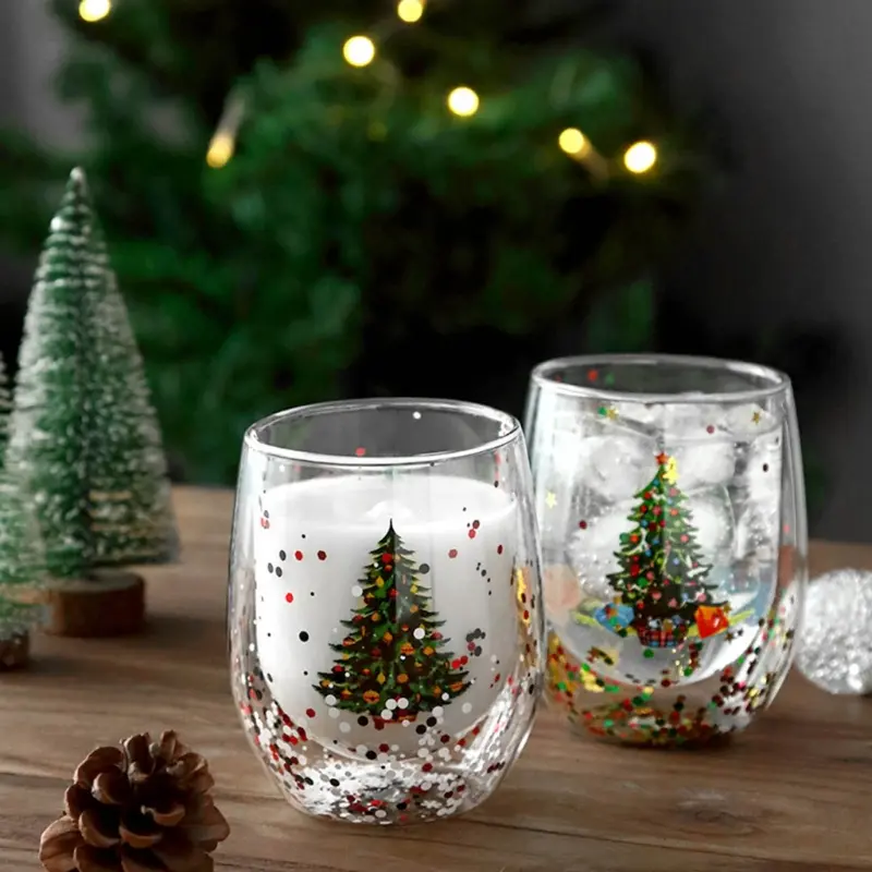 Glitter Christmas Tree Cup Transparent Double Wall Water Milk Coffee Glass