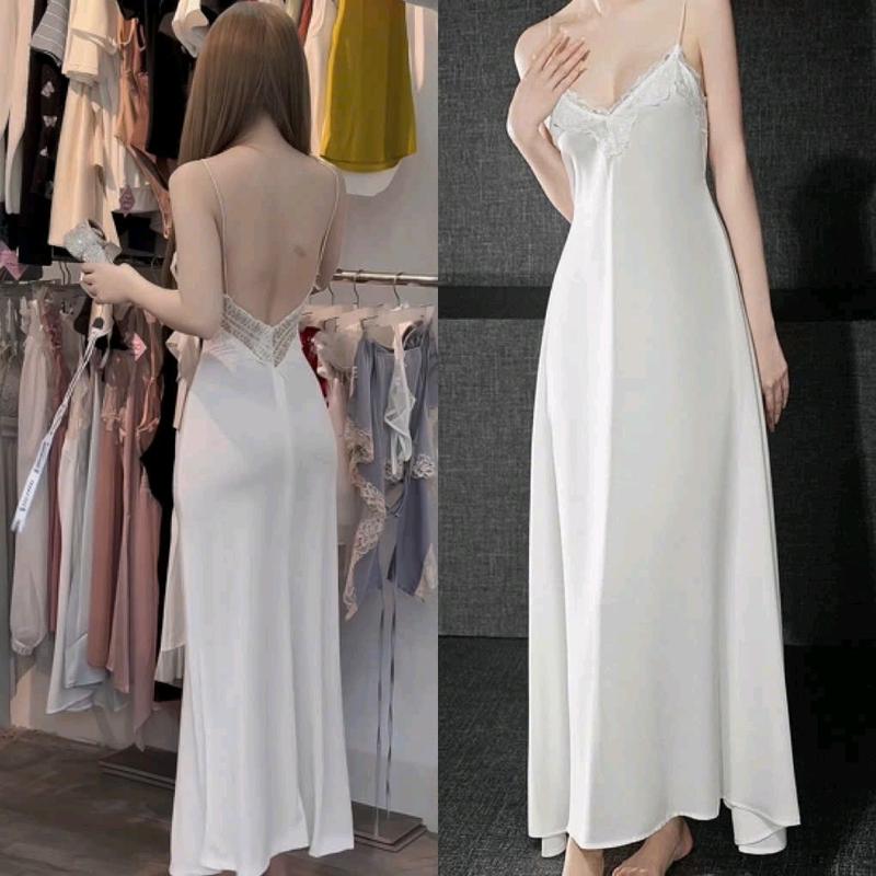 Váy Đầm 2 Dây Phối Viền Ren Hở Lưng Dáng Dài Màu Trắng