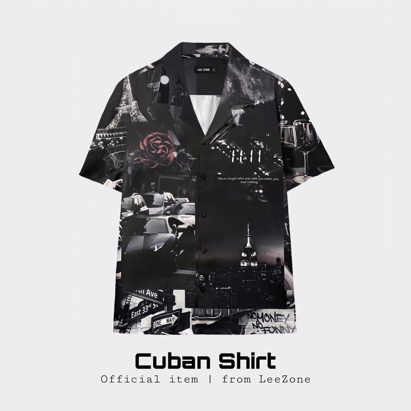 Sơ mi hoạ tiết châu Âu | Áo sơ mi Cuban LeeZone form rộng mặc hằng ngày , chất vải lụa thoáng mát không nhăn Cổ chữ V