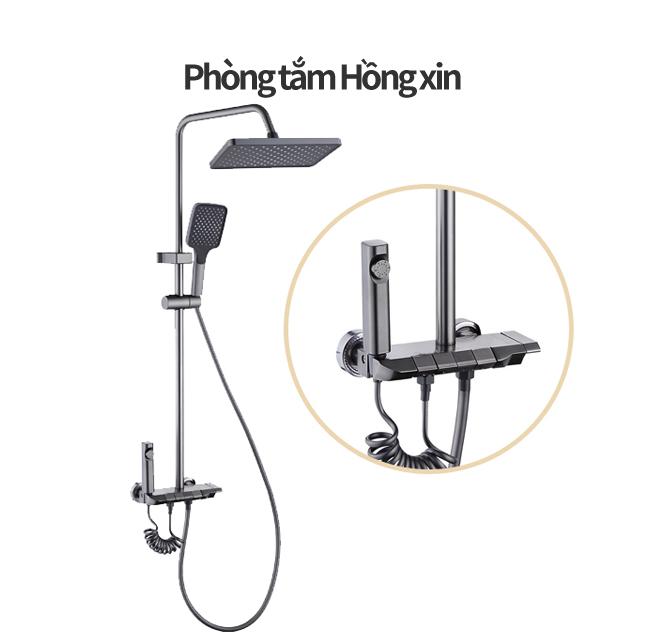 Bộ sen tắm treo tường, vòi sen điều chỉnh nhiệt độ, đầu vòi sen massage piano, vòi hoa sen có bộ lọc nước và vitamin C, van vòi hoa sen, hệ thống nước nóng lạnh, vòi bồn tắm. lá