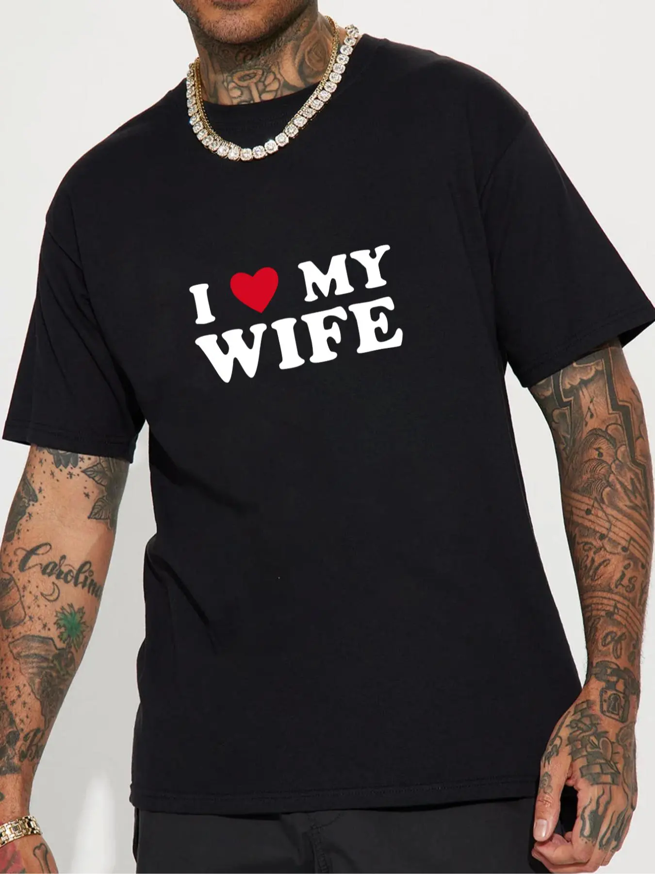 Summer Clothes Men's Regular Fit "I LOVE MY WIFE" Letter Print Round Neck Tee, Casual Comfy Short Sleeve T-shirt for Summer, Knitting Top for Men
