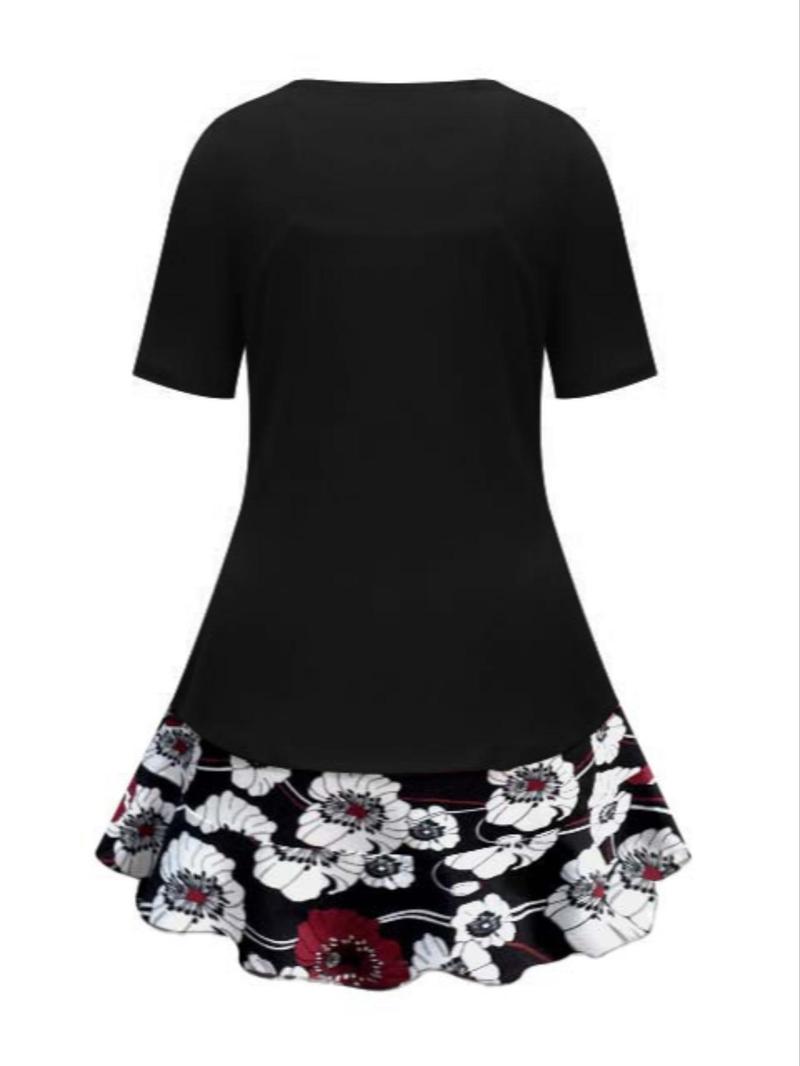 Product Introduction of 【Plus Size】 Floral Print Ruffle Hem Tie Front Two-piece Set, Elegant Cami Dress & Short Sleeve Outerwear for Spring & Fall, Women's Outfits for Daily Wear 2