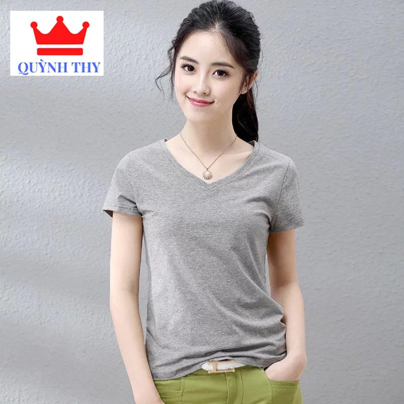 Mặc là mê Áo phông Nữ Cổ Tim Tay ngắn Trẻ Trung Mẫu Mới nhất Top Thun Women Cổ Tròn Nhung Áo Thun Kem Đen