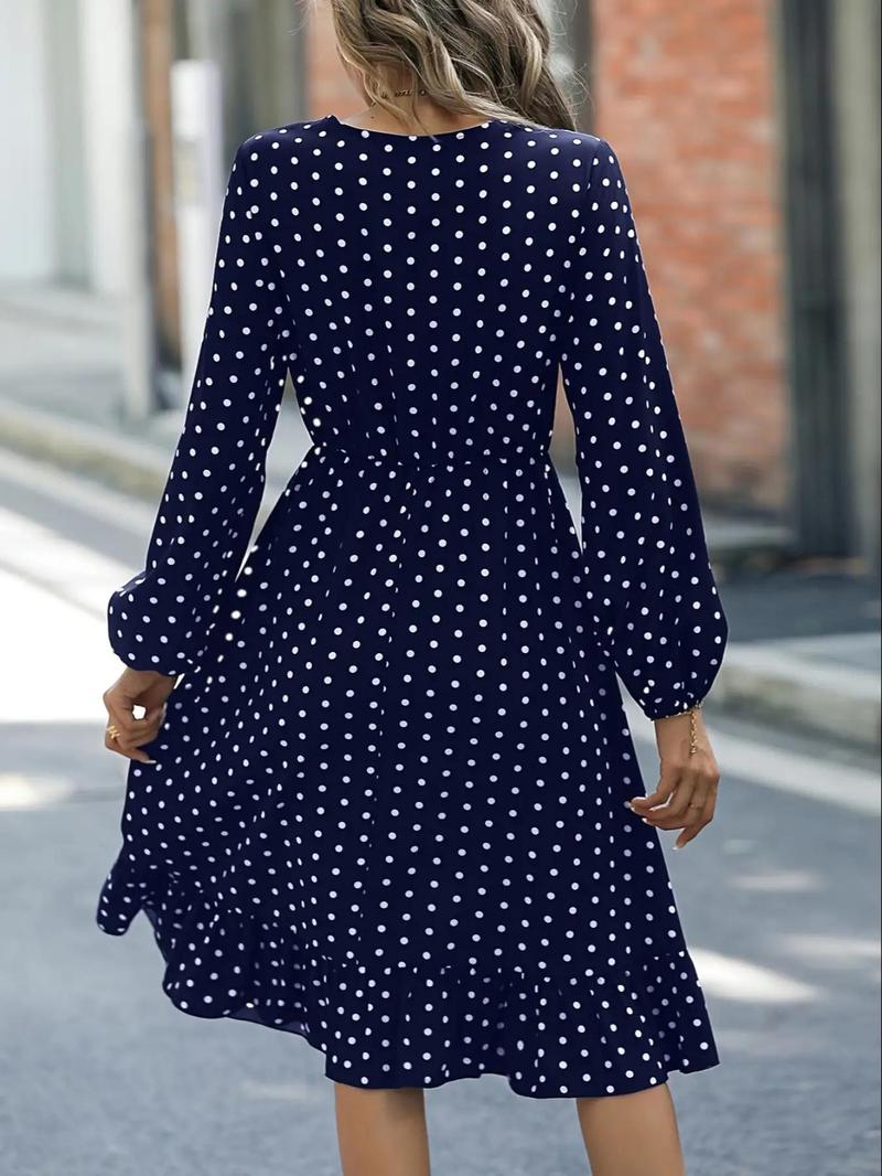 Product Introduction of Women's Polka Dot Print Ruffle Hem A Line Dress, Casual V Neck Bishop Sleeve Knee Length Dress for Summer, Fashion Women's Dresses for Daily Wear 6