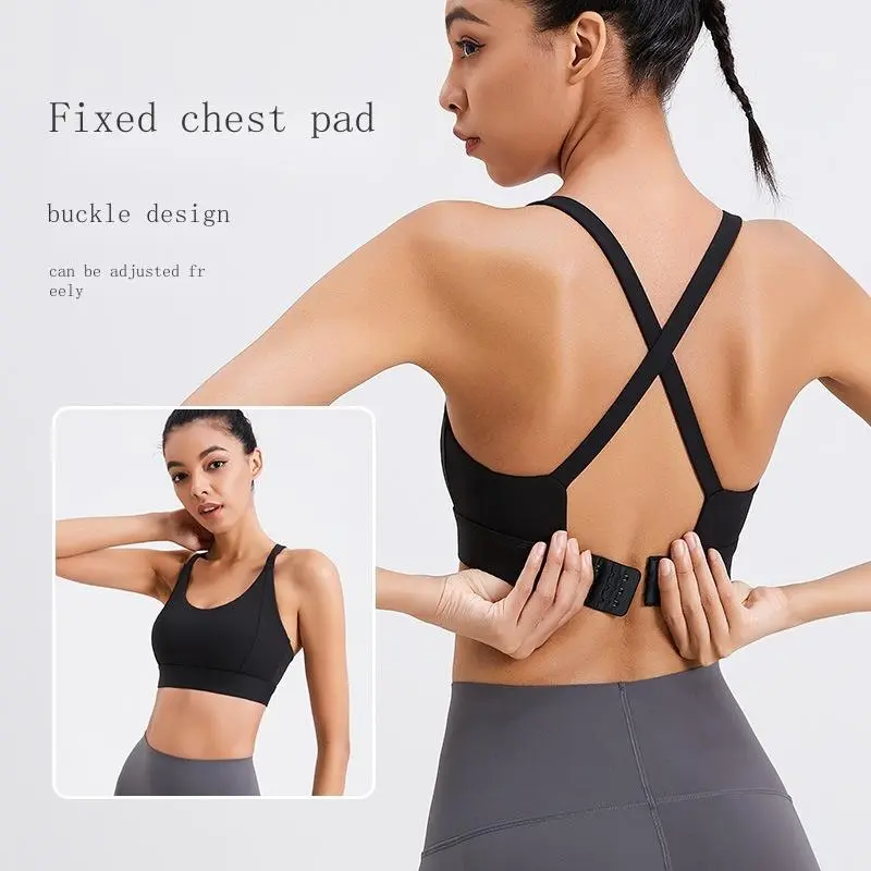 Plus size fixed cup yoga fitness vest beautiful back shockproof bra women's underwear one-piece sports underwear no steel ring full cup casual underwear