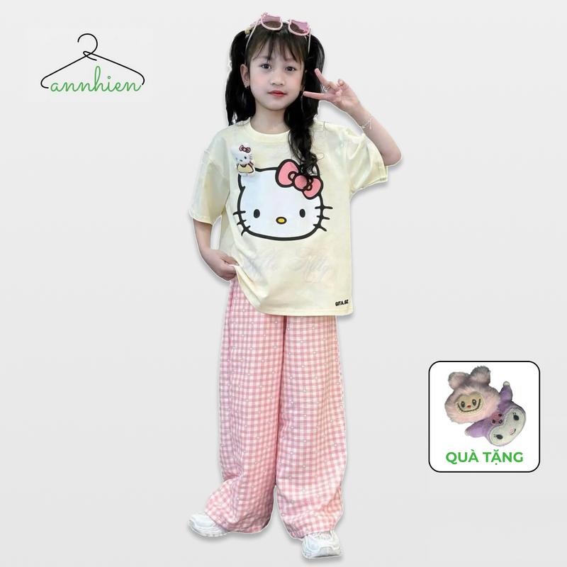 (Tặng mặt gấu bông) Set đồ bé gái quần dài áo thun (HOẠ TIẾT HELLO KITTY ĐEO NƠ TIM 2 MÀU) chất liệu cotton su mềm mại