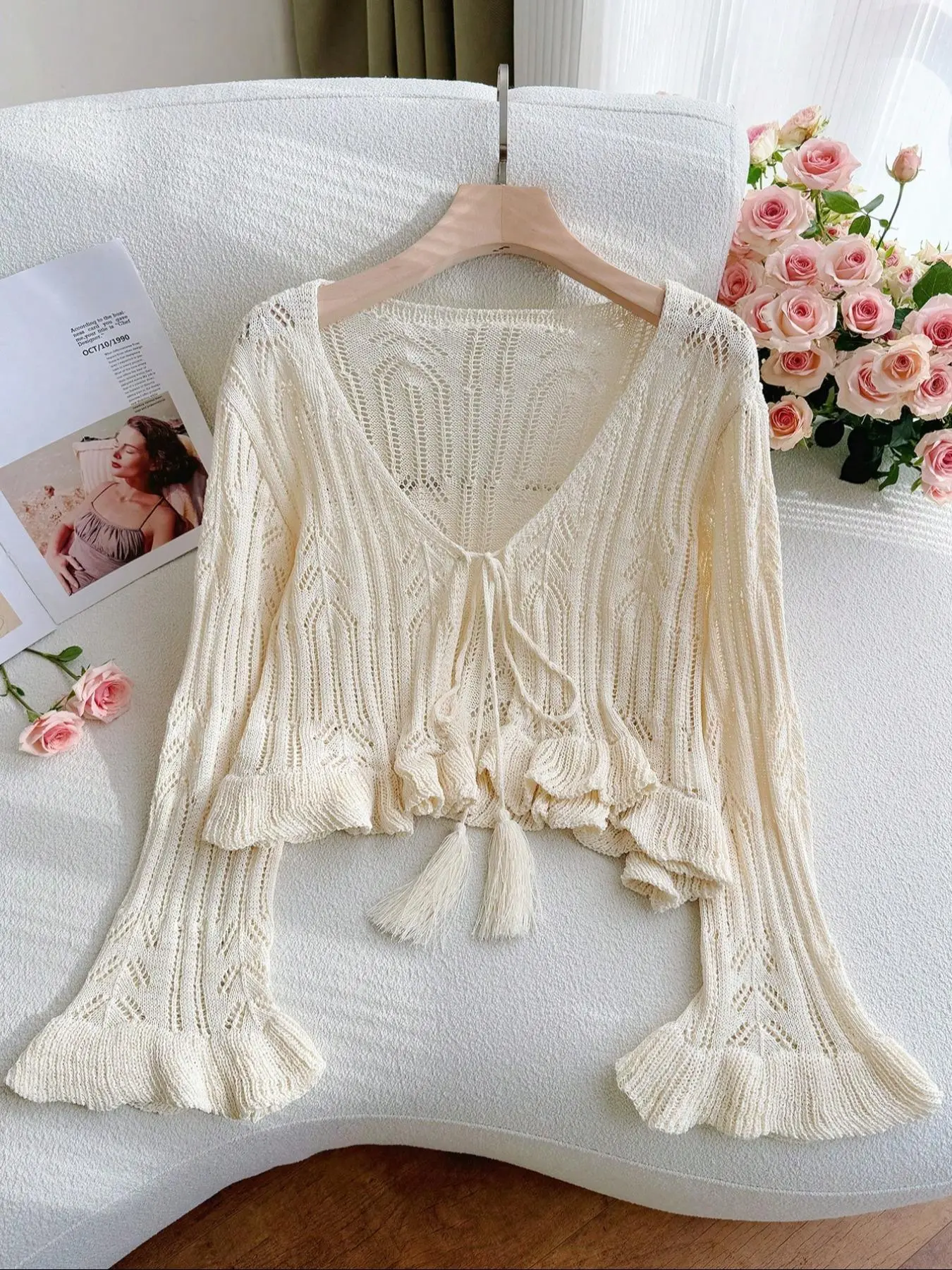 【Plus Size】 Solid Color Ruffle Trim Tie Front Flounce Sleeve Sweater Cardigan, Casual V Neck Long Sleeve Cardigan for Spring & Fall, Women's Plus Clothing for Daily Wear