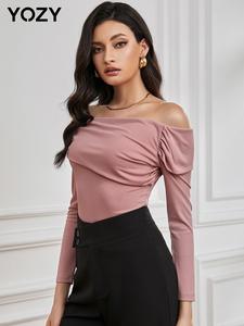 YOZY Women's Asymmetrical Off Shoulder Ruched T-Shirt, Solid Long Sleeve Tee, Casual Women's Spring & Fall Clothes for Daily Wear