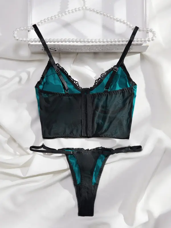 Women's Contrast Embroidery Lingerie Set & Thongs Set, Women's Underwear Set 8