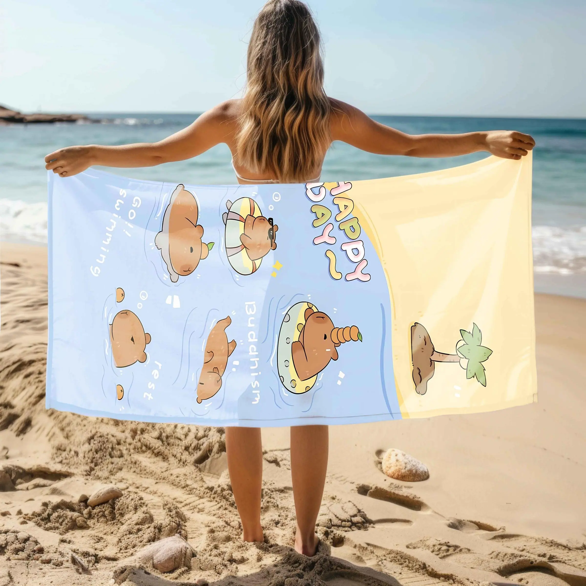 Cartoon Capybara Pattern Beach Towel, Soft Absorbent Towel for Beach Swimming, Quick Drying Towel for Outdoor Travel, Summer Entertainment