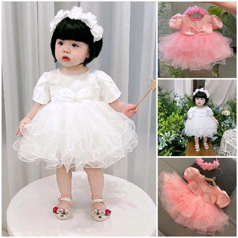   Form Nhỏ  Váy Công Chúa Trắng Thân Lụa Tafta Chân Lưới Kèm Cài Hoa 4-16 Kg ,Váy Công Chúa Cho Bé Gái Thôi Nôi Sinh Nhật Chất Lưới Lụa Tafta Mềm 