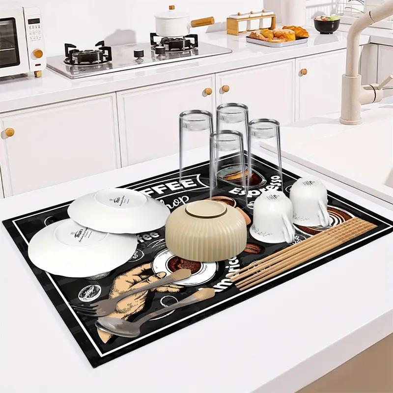 Product Introduction of Coffee Pattern Kitchen Mat, 2 Counts Non-slip Kitchen Counter Utensil Drying Pad, Washable Anti Slip Drainage Pad for Kitchen Coffee Bar 3
