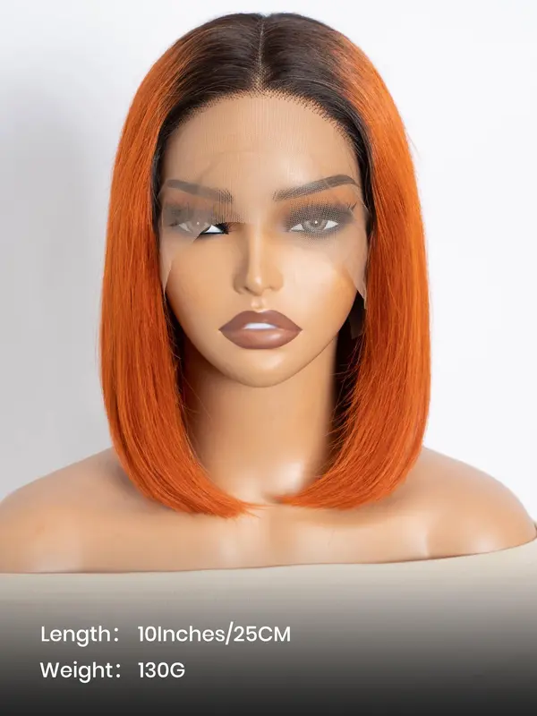 Orange Straight Human Hair Wigs, Glueless T Part Lace Front Wigs, Pre-Plucked Hairline, Natural Looking Wigs for Women 1