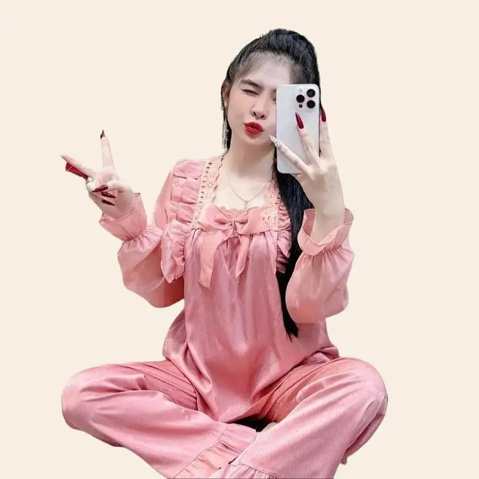 ( free size 45_60) Đồ  Bộ Pijama Mặc Nhà Cổ Vuông Màu Trơn Phối Voan Ren ,Cho Nữ , Chất Lụa Xước Mềm Voi Ong Đen Trắng Loang bộ  ngủ đồ  macnha đồ  bộ