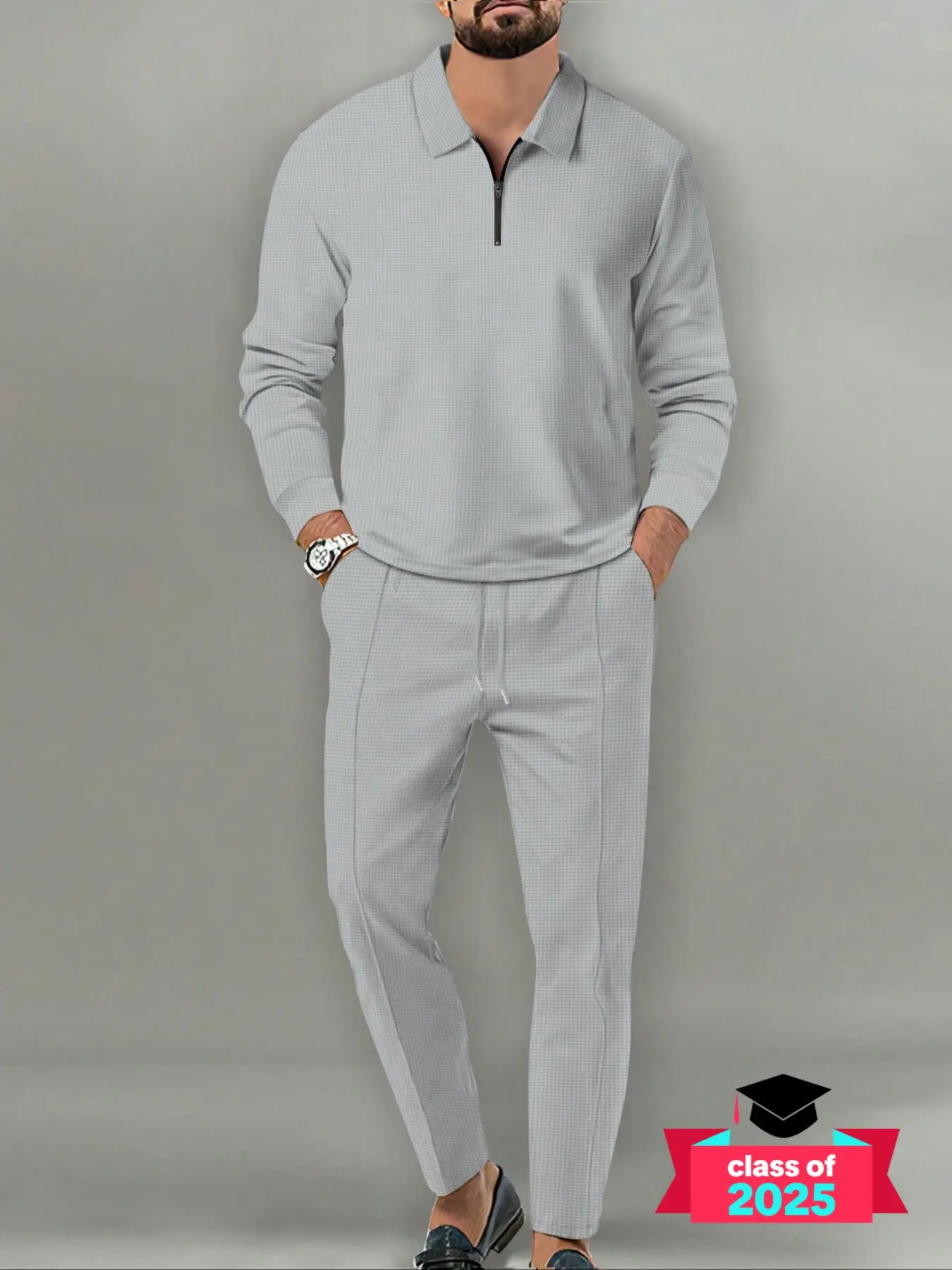 Men's Solid Half Zip Pullover & Pants Waffle Knit Sweatsuit Set, Regular Fit Casual Long Sleeve Top & Trousers for Spring & Fall, Men's Two-piece Outfits for Daily Wear, Menswear