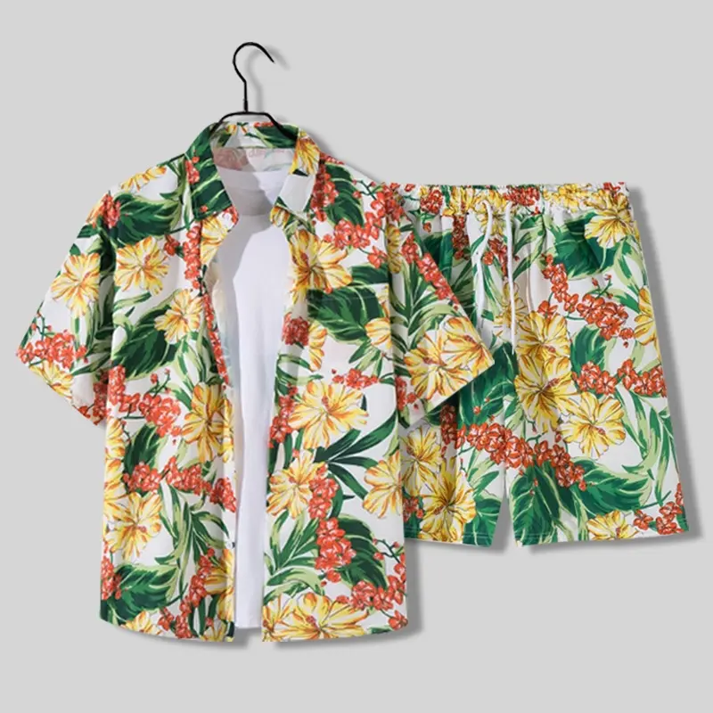 Hawaiian Beach Pants for Men Loose Casual Suit Half-sleeved Flower Shirt Middle Pants Couple Travel Vacation Outfit Polo Shirt