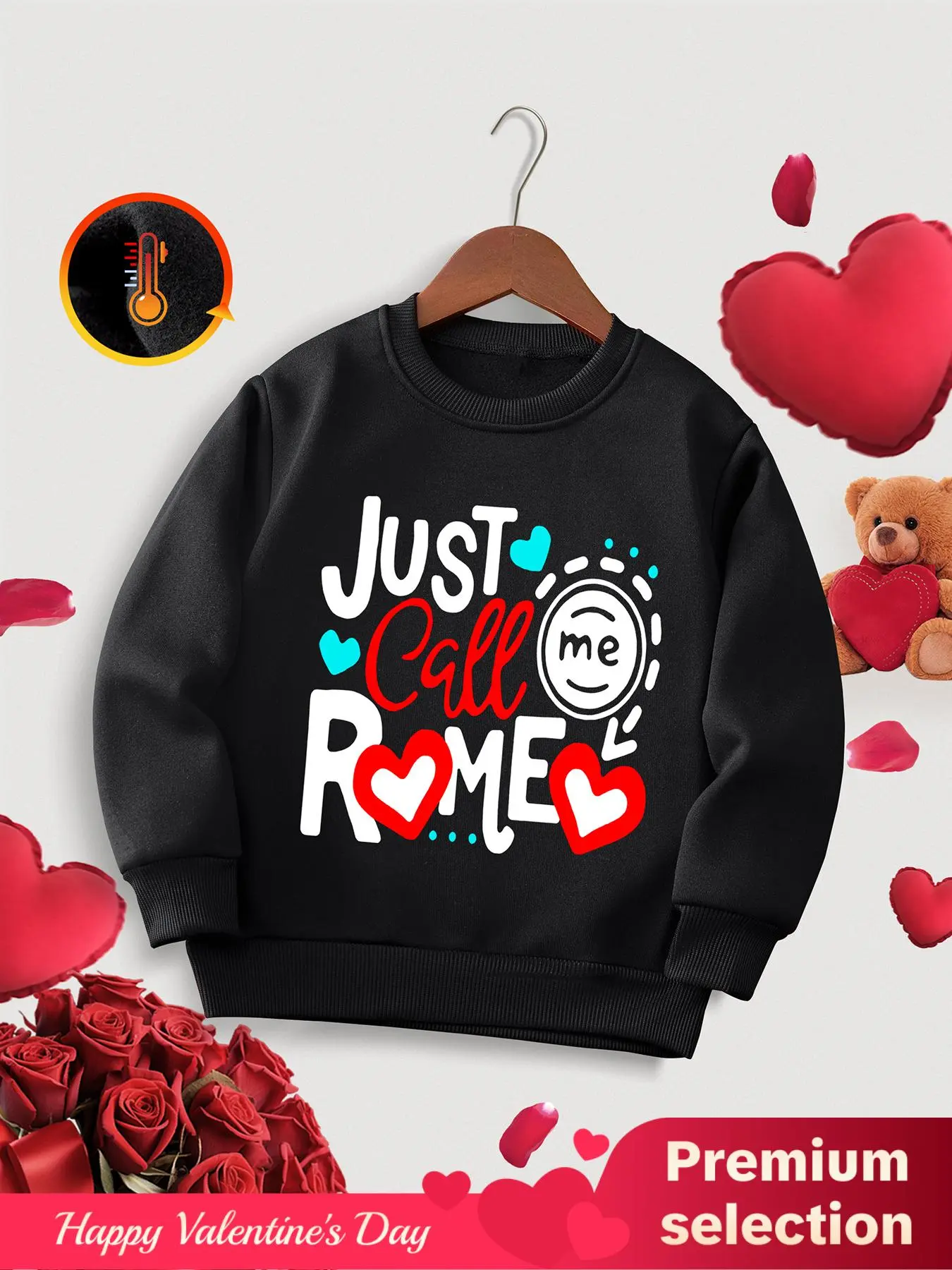 Girl's Cartoon Heart & Letter Print Thickened Sweatshirt, Casual Long Sleeve Pullover for Fall & Winter, Kids Clothes for Daily Wear Valentine's Day, gift