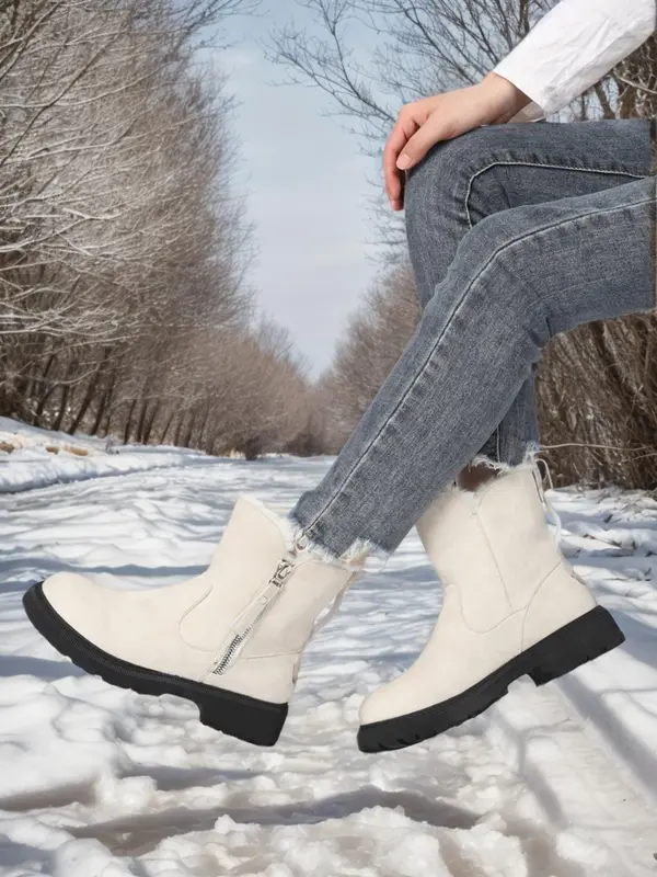 Women's Solid Color Zipper Side Warm Snow Boots, Casual Sporty Plush Ankle Boots for Outdoor Wear, Non-slip Outdoor Shoes for Women & Girls 3