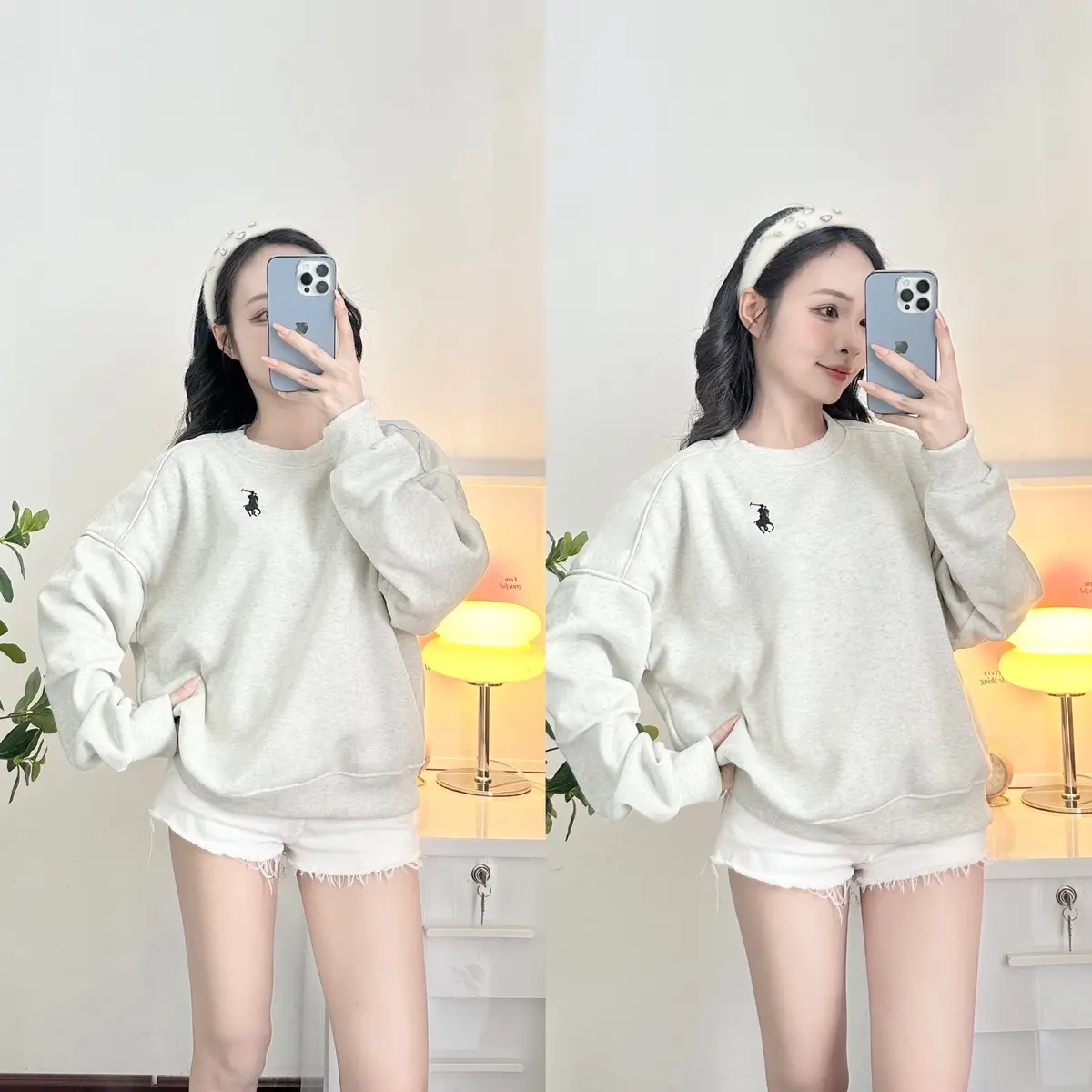 Áo Sweater Nỉ Bông Bo Chun may đường line ở tay Logo hình Thêu phom nữ Basic thích hợp Mùa Thu Đông