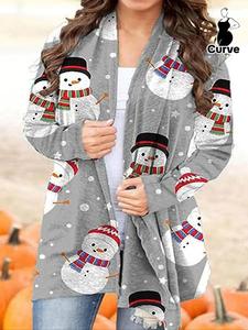 【Plus Size】 Cartoon Snowman Print Long Sleeve Coat, Casual Christmas Themed Open Front Outerwear for Fall & Winter, Women's Clothes for Daily Wear