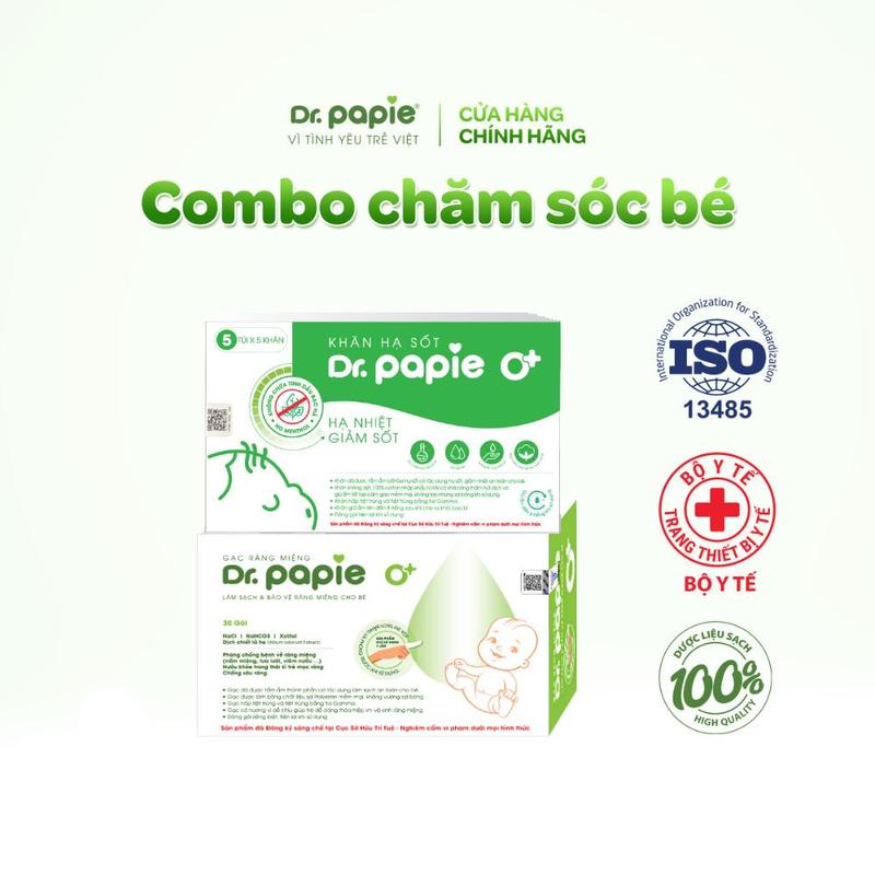 Combo 1 hộp Khăn hạ sốt Dr.Papie 0+ và 1 hộp Gạc rơ lưỡi Dr.Papie 0+ dành cho bé sơ sinh