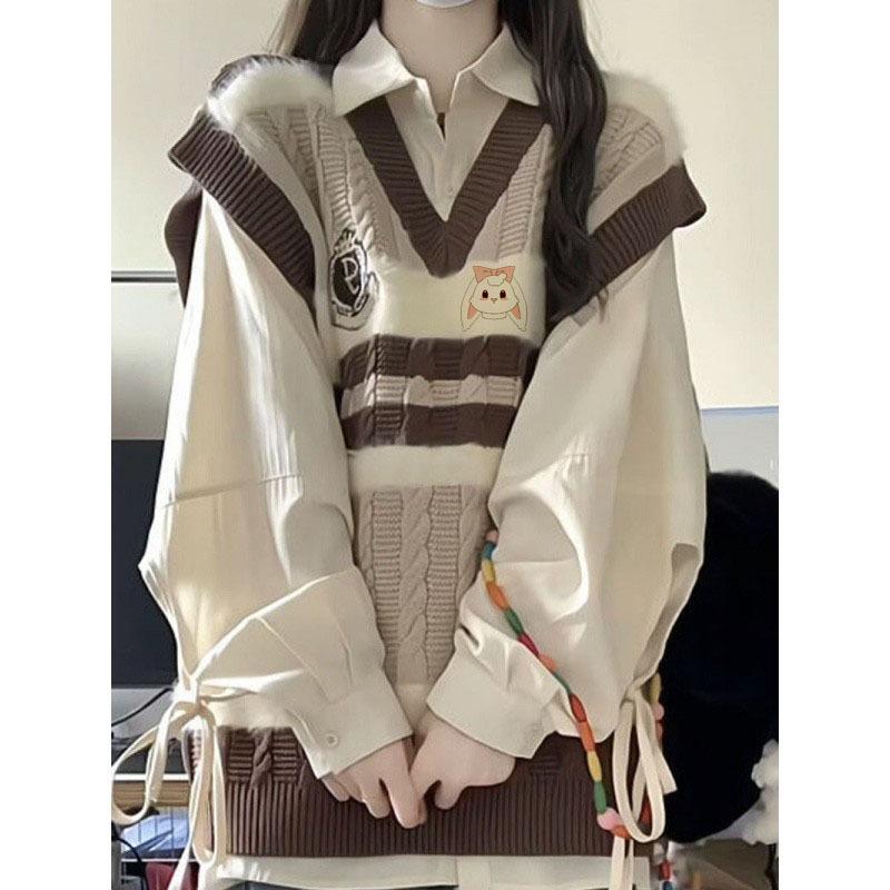Product Introduction of Bộ Đồ Hai Mảnh Cho Nữ, Phong Cách Preppy Ngọt Ngào Nhật Bản, Màu Tương Phản, Áo Vest Dệt Kim Cổ Chữ V, Áo Sơ Mi Dài, Thích Hợp Cho Mùa Xuân Và Mùa Thu, Hàng Mới Về Women Nhung Jacket Top Pants Kem 8