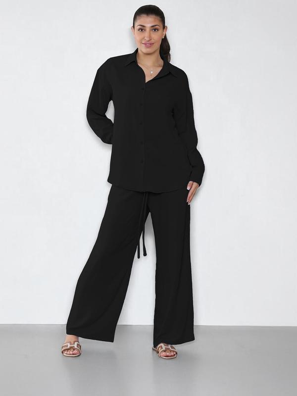 Women's Solid Button Front Shirt & Tie Front Wide Leg Pants Two-Piece Set, Casual Drop Shoulder Long Sleeve Top & High Waist Trousers for Summer, 2 Piece Sets Women, Ladies Clothes for Daily Wear 1