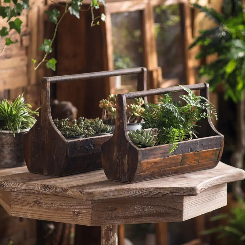 Table American Retro Flower Pot Basket Decoration Old Art Wooden Living Room Balcony Floral Ornament Plant Flower Rack
