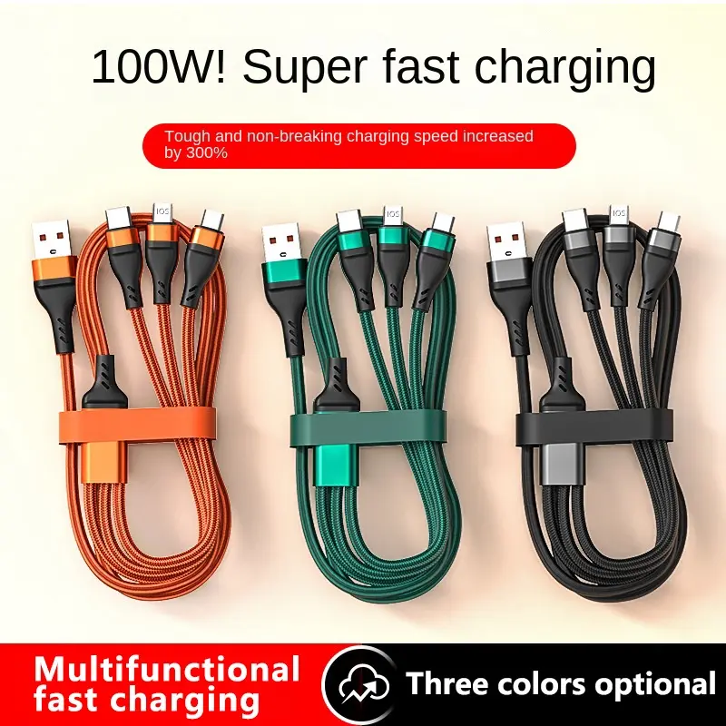 100W charger Platinum Fishing Net Weaving One-to-Three Android  General 6A Fast Charging Cable for phone Accessories Black