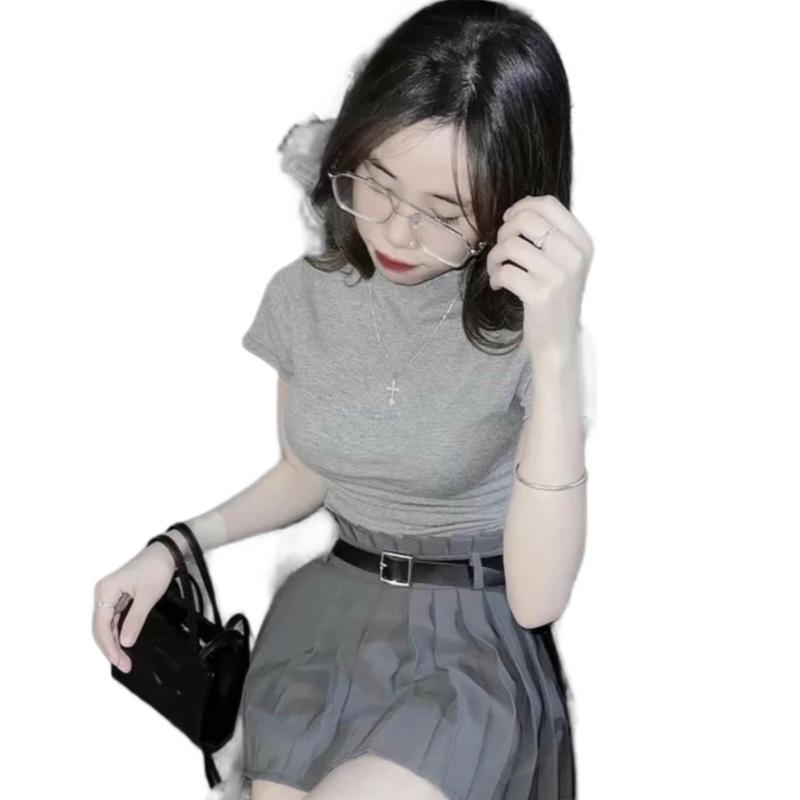 [ TẶNG ĐÀI LƯNG ] Set bộ áo thun tăm cổ 3 phân phối chân váy xếp ly tuyết mưa sịn 4
