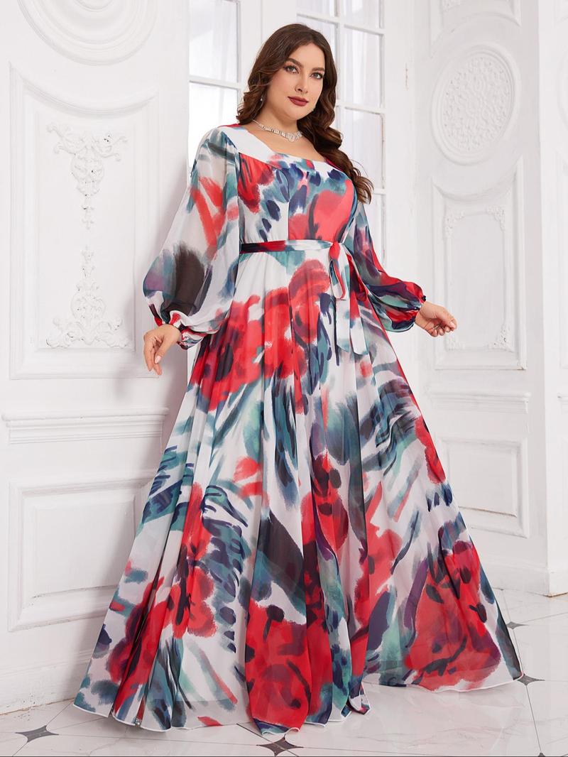 Product Introduction of 【Plus Size】 All Over Print Chiffon Dress, Elegant Evening Party Gown, Women's Clothes for Spring & Fall, Womenswear 6