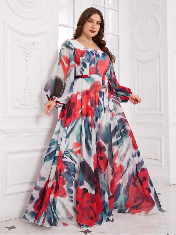 【Plus Size】 All Over Print Chiffon Dress, Elegant Evening Party Gown, Women's Clothes for Spring & Fall, Womenswear 5