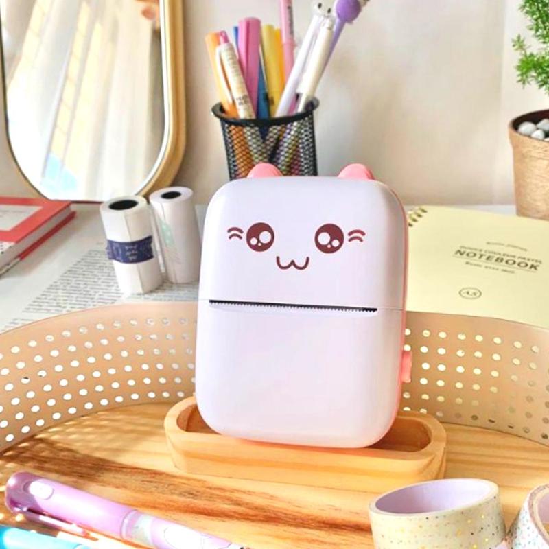 Product Introduction of Cute Cat Design Portable Printer, 1 Count Mini Printer with USB Cable, Multifunction Label Printer for Shopping List, Sticker & Study Note, Mini Photo Printer for Home Office School Journal 0