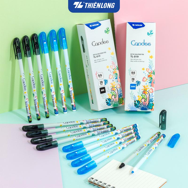 Combo 5/10/20 Bút bi, bút nến Thiên Long TL-019 ngòi 0.6mm, mực xanh/đen, nét viết trơn êm, phù hợp cho tốc kí