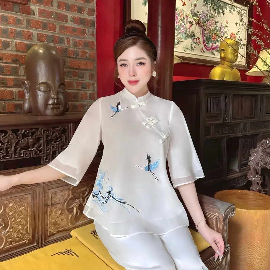 Bộ pháp phục lụa tơ thêu hạc siêu xinh dành đi lễ