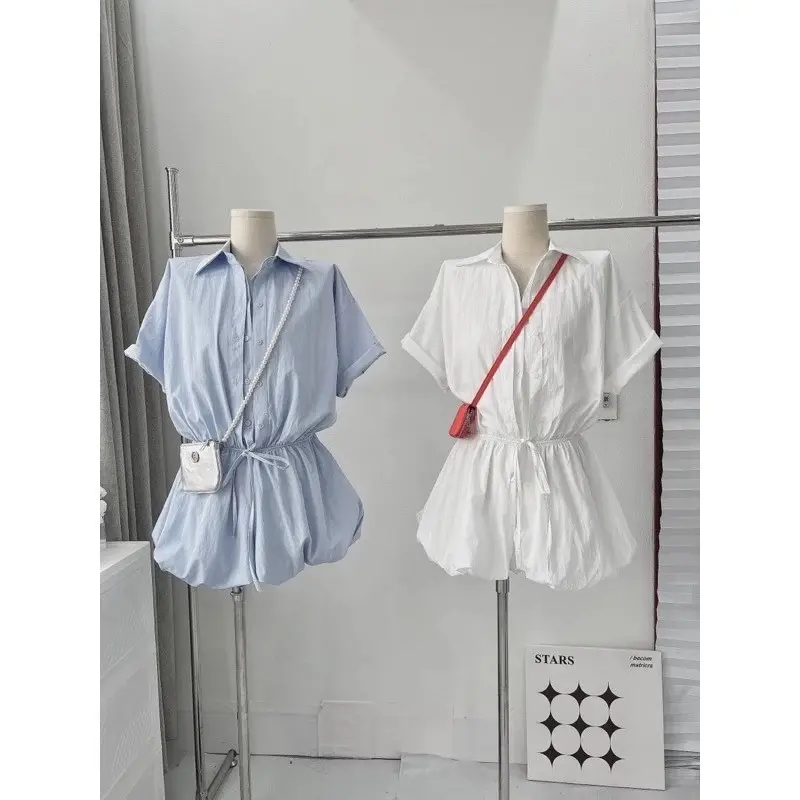 ￼Jumpsuit sơ mi trắng tùng bồng có quần bảo hộ , Đầm sơ mi kiểu nữa bo chun eo có dây buộc cao cấp [SẴN] DH STUDIO 6