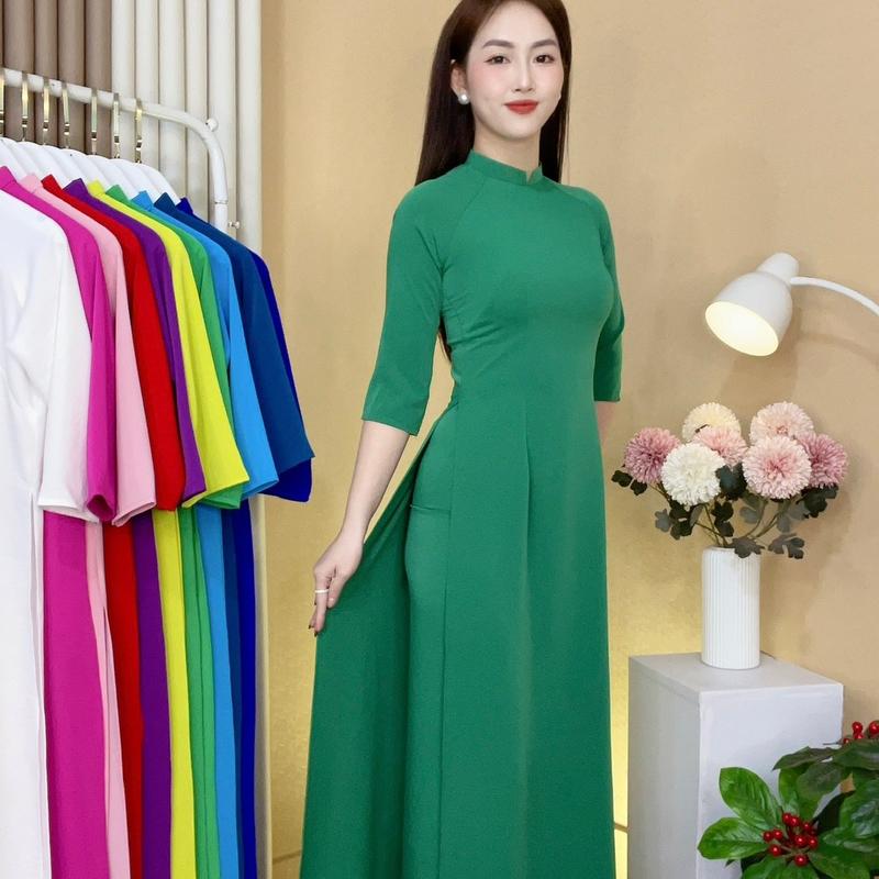 Áo dài lụa mỹ trơn cổ 2cm tay lỡ 1