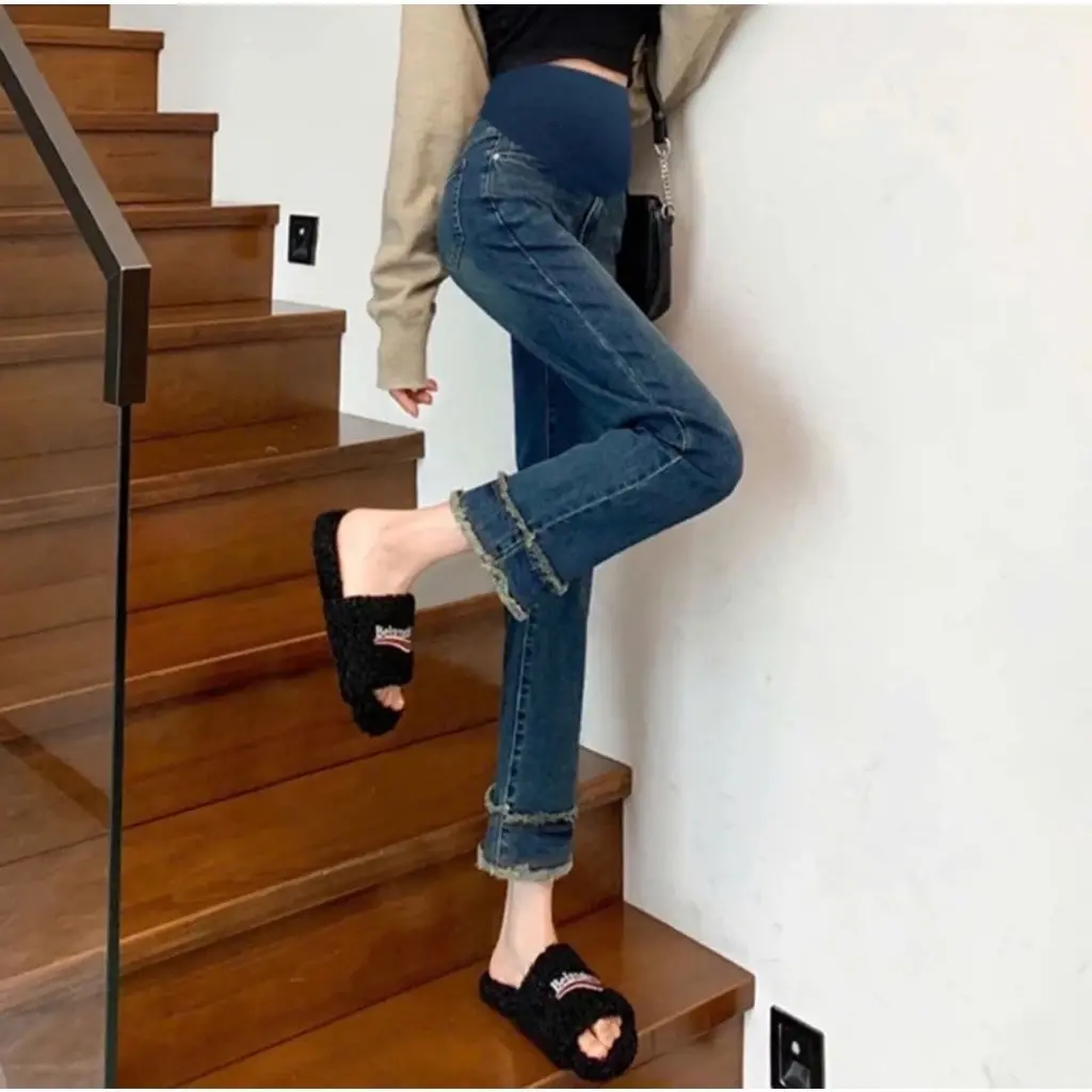 Quần bầu jeans ống vén - Có đáp bụng tiện lợi đen đính nút ngọc