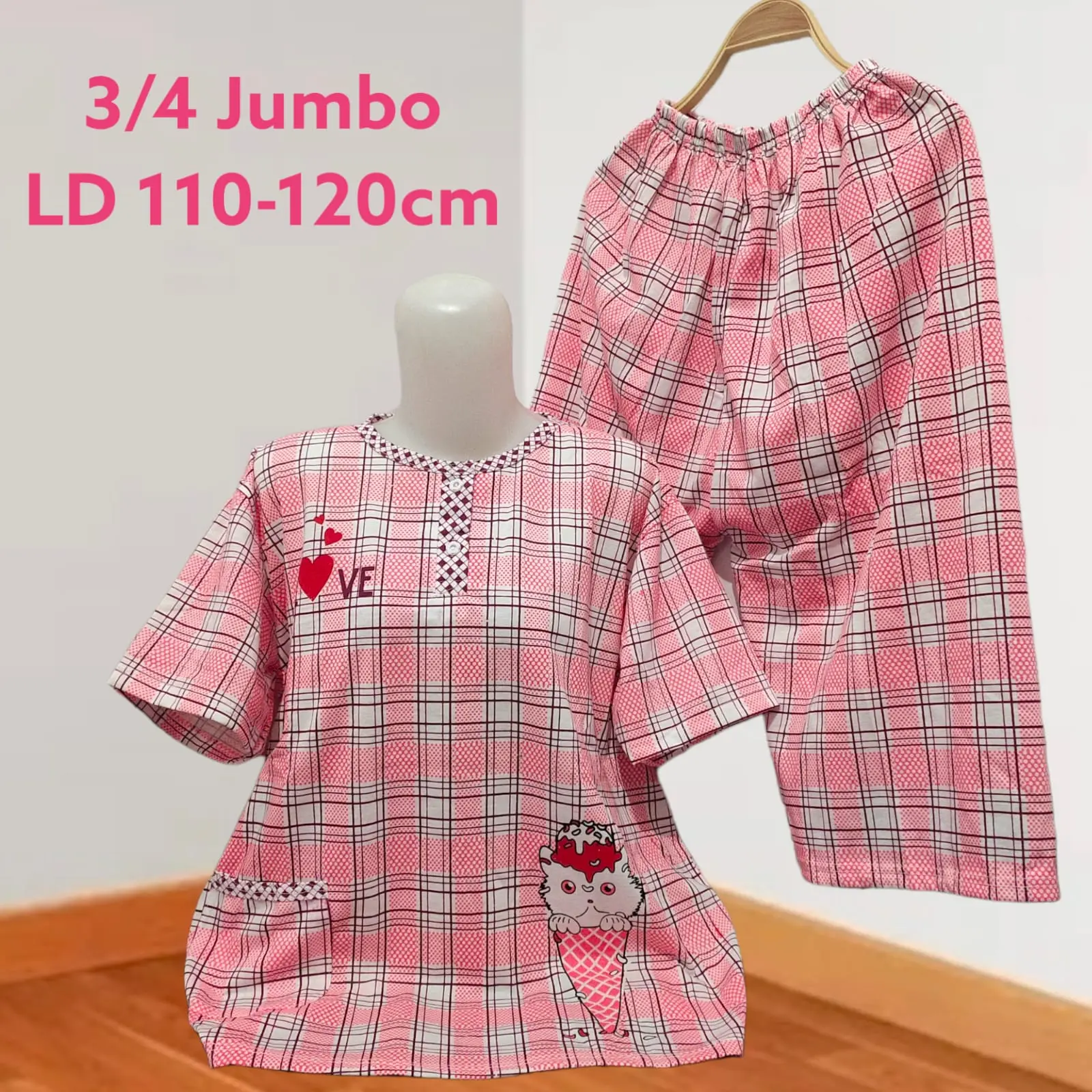 Setelan Baju Tidur Kaos Celana 3/4 Jumbo Big Size Babydoll Wanita LD 110-120cm Busui Kancing