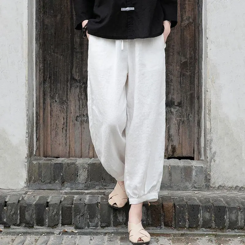 (M-4XL) Ankle-Length Pants, Cotton and Linen Material, Female, Thin Pants, Suitable for Summer, Loose, Corset Style, Slim Fit, plus Size Optional Clothing Silk Womenswear Breathable Comfortable Trouser Aesthetic Batik Bottom Customized