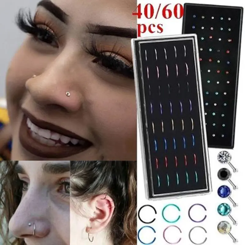 40/60pcs Women Nose Piercing Ring Steel  Surgical Hoop Cartilage Stud
